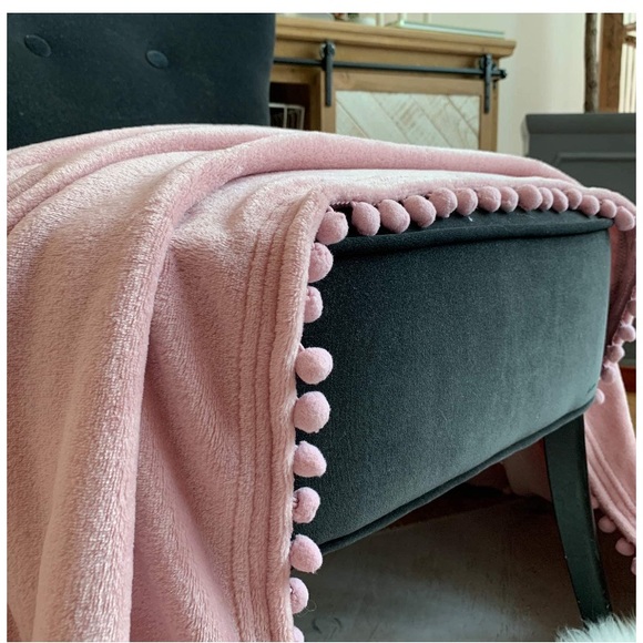 Dusty Pink Modern Trendy Pompom Fringe Chic Cozy Soft Throw Blanket/Cover - Picture 2 of 16